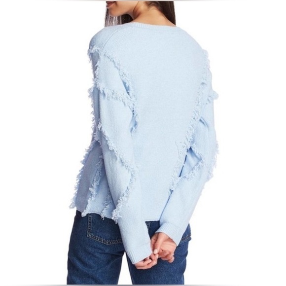 NEW 1. State Fringe Trim Detail Pullover Sweater Long Sleeve Cashmere Blue XS - Picture 2 of 12